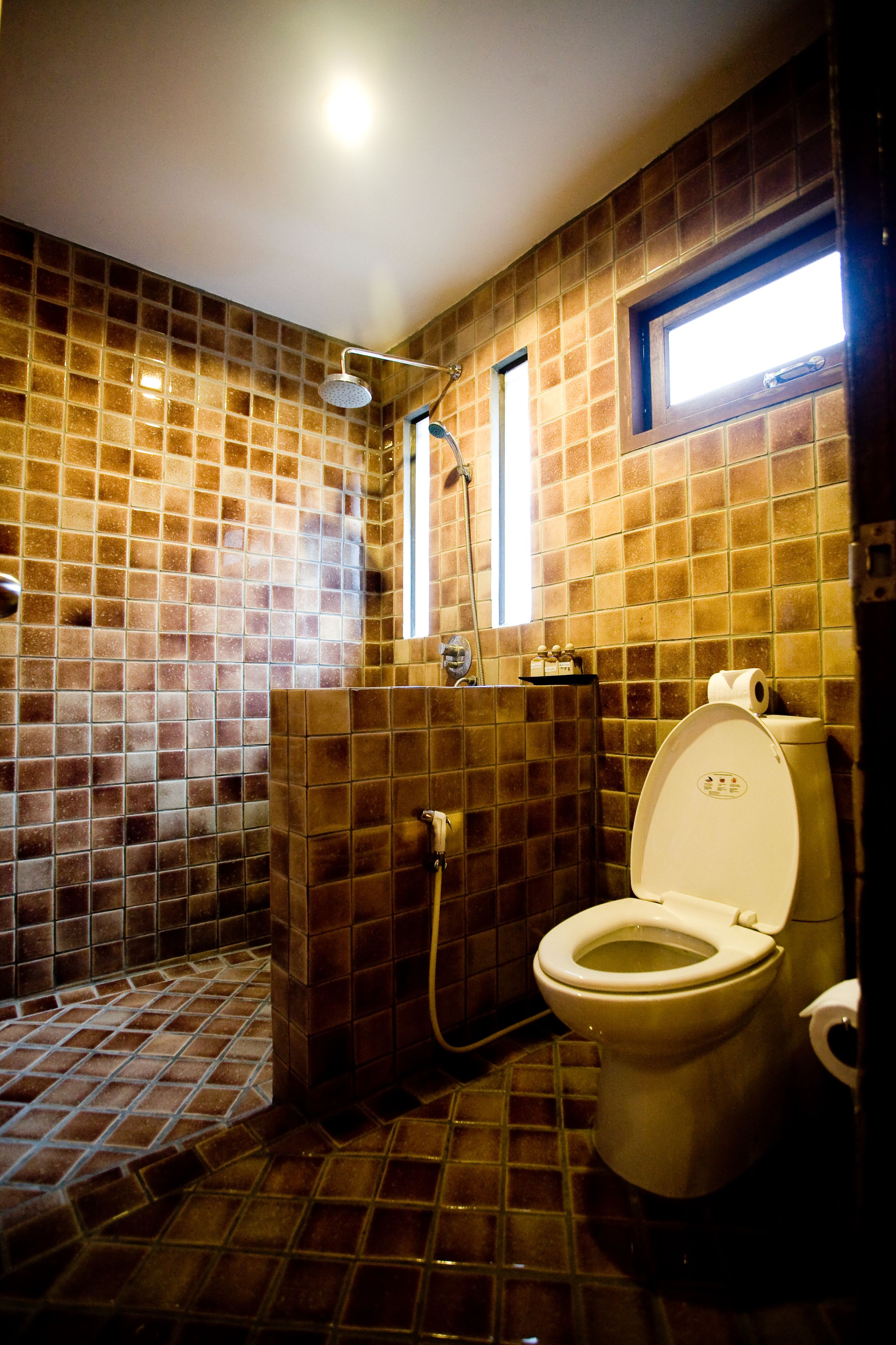 Ein Badezimmer mit gefliestem Boden und Wänden, einer Toilette, einer Dusche und einem Fenster.