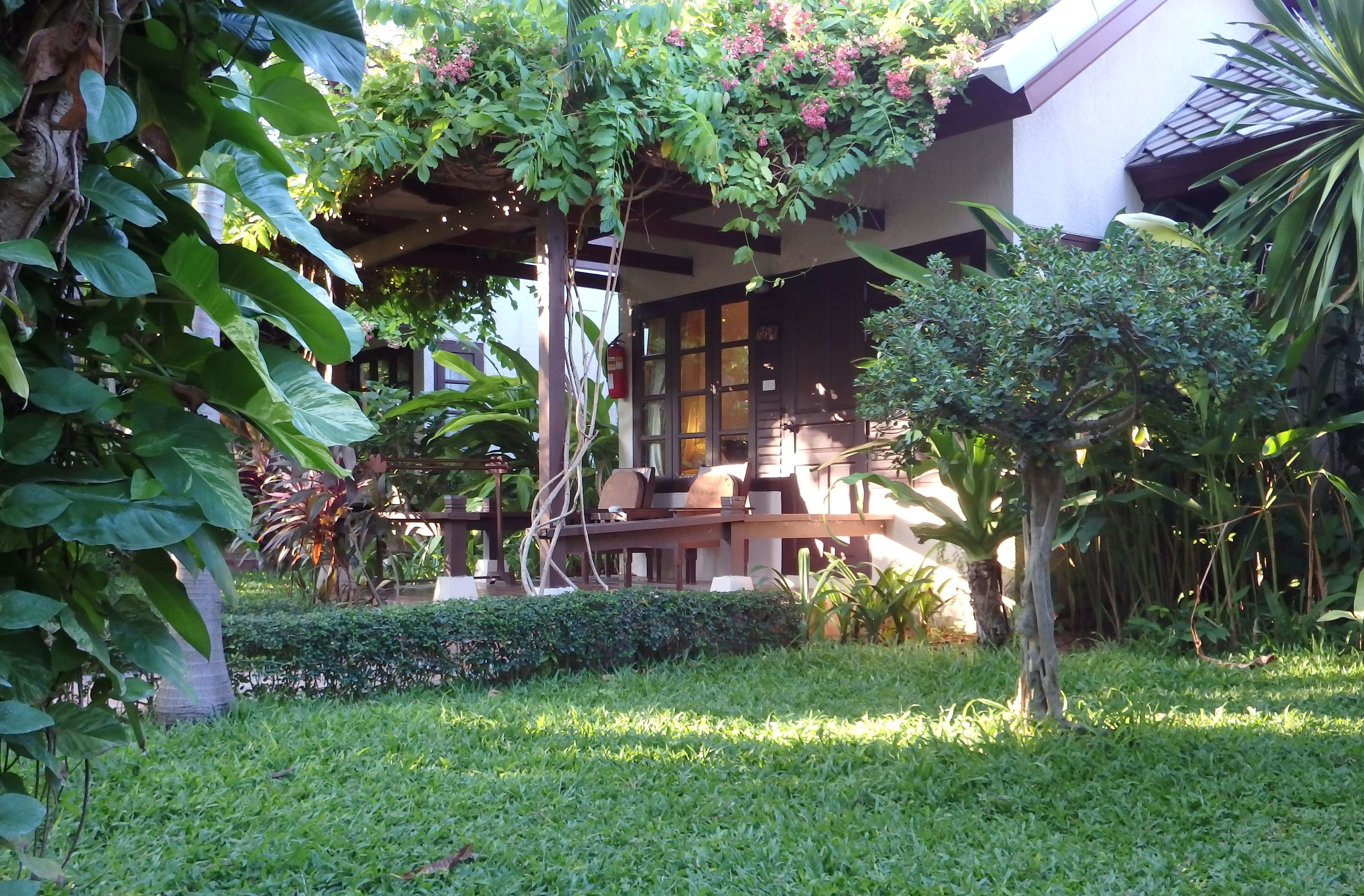 A garden with a wooden bench, a small tree, and a building with a covered patio.