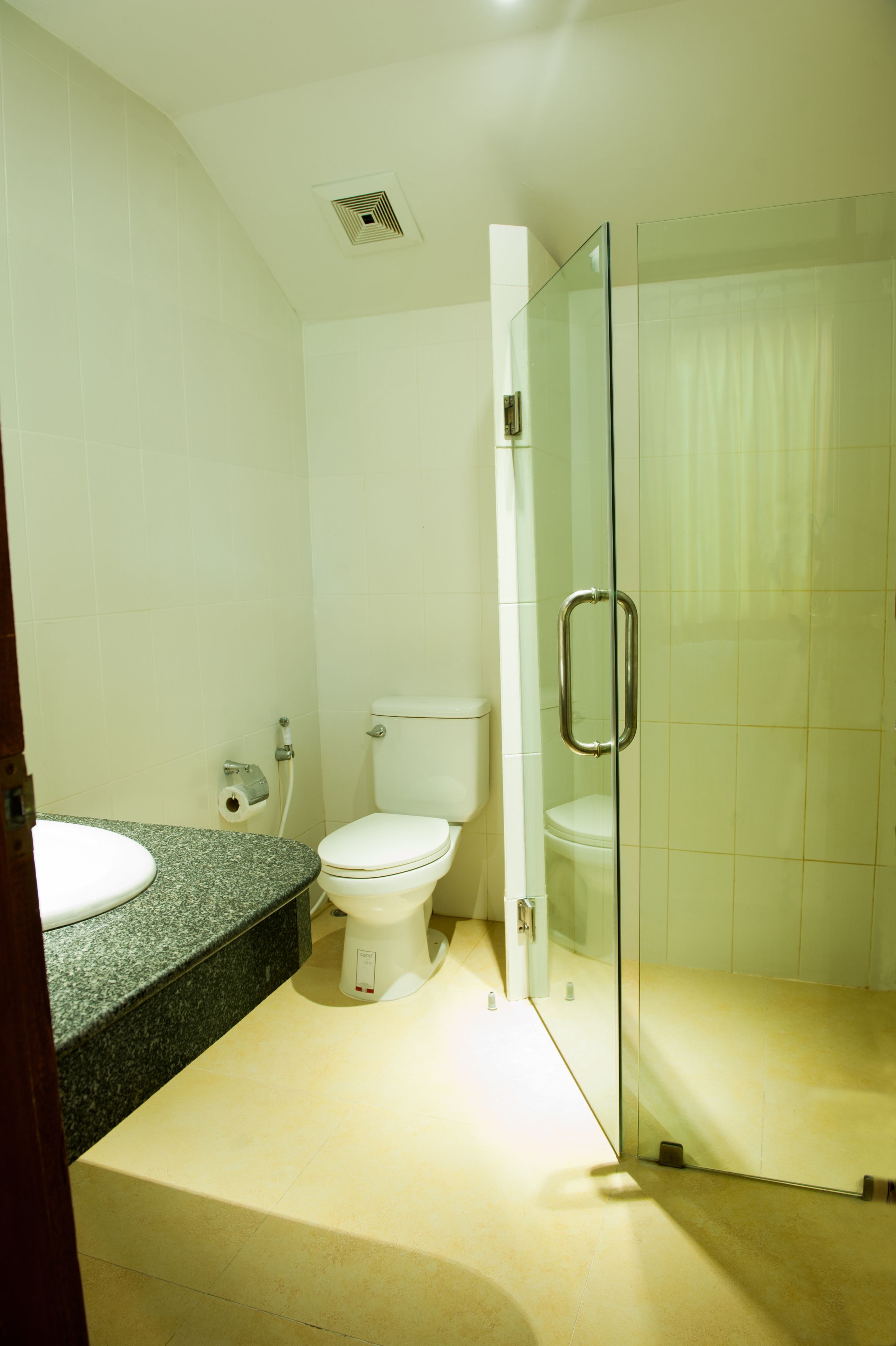 A bathroom with a toilet, sink, and glass shower enclosure.