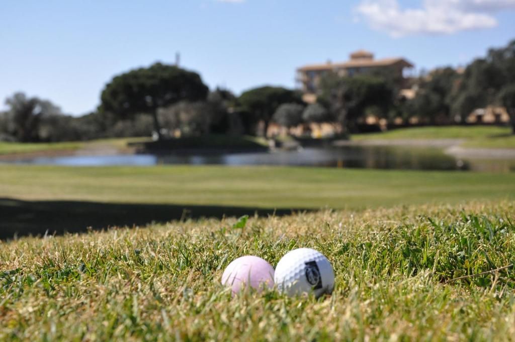 A golf course with two golf balls on the grass, a pond, and buildings in the background.