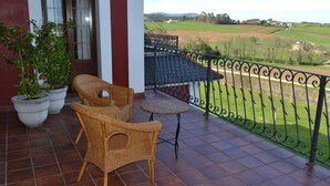 A balcony with wicker furniture, potted plants, and a view of a green landscape. - Turismo Rural Suquin (Navia)