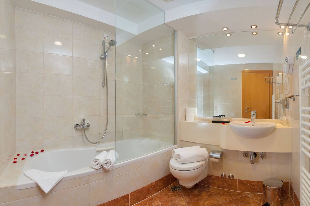 deep-soaking bathtub, free toiletries, hair dryer, towels