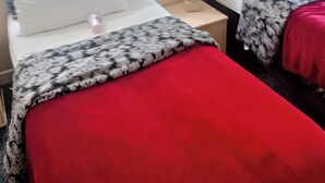 Une chambre d’hôtel avec deux lits, chacun recouvert d’une couvre-lit à motifs et agrémenté de coussins blancs. Il y a une table de chevet avec une boîte de mouchoirs et une lampe. Un tableau représentant des fleurs est accroché au mur.