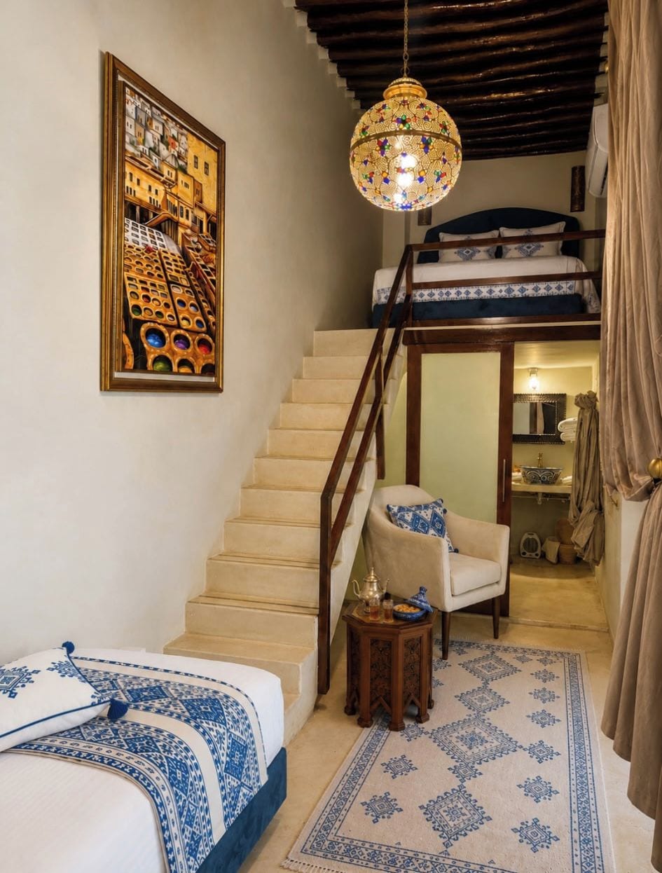 A bedroom with a bunk bed, a chair, a small table, and a hanging light fixture.