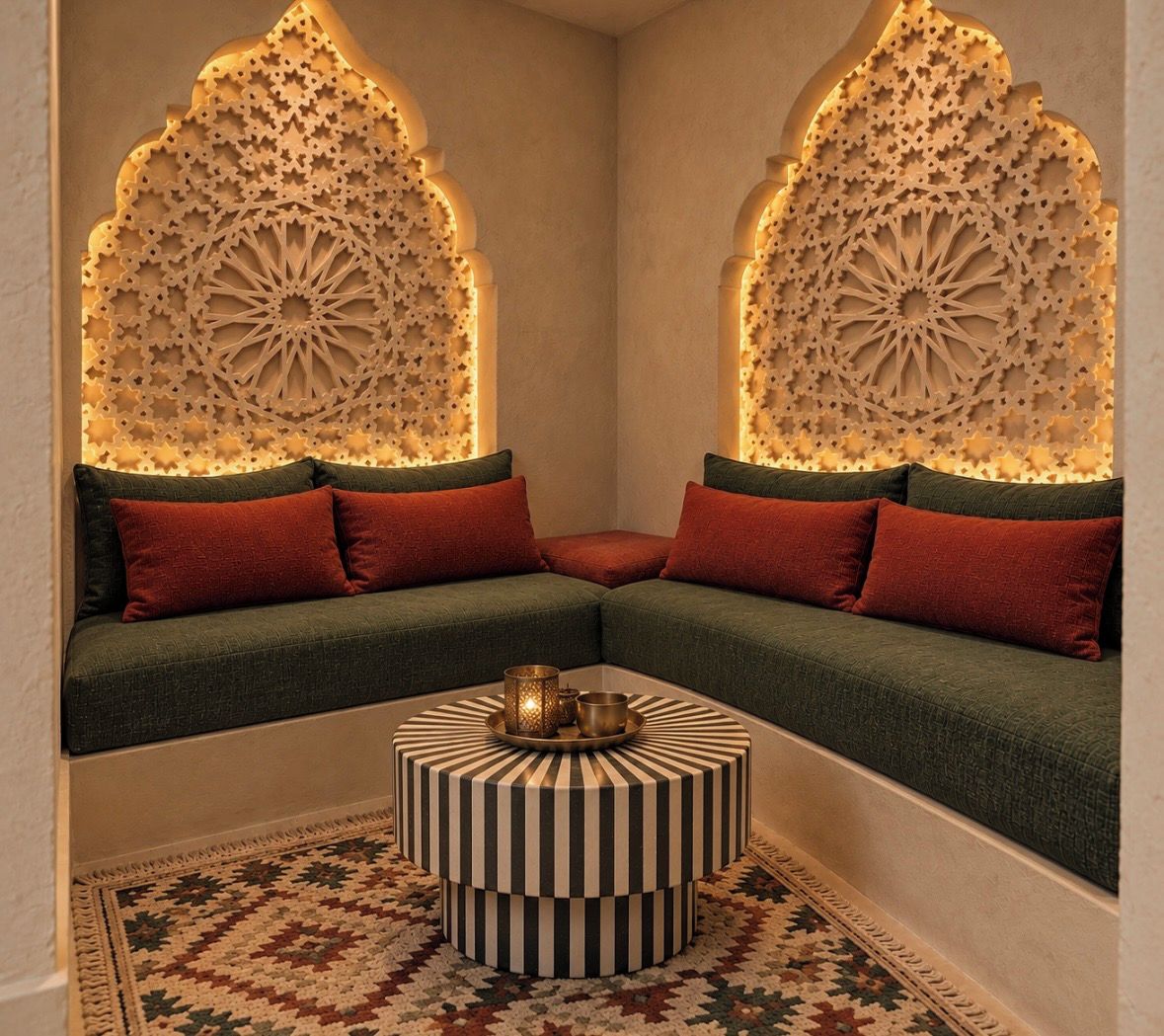 Un coin salon avec un canapé, des coussins, un tapis à motifs et un mur décoratif orné de motifs complexes.