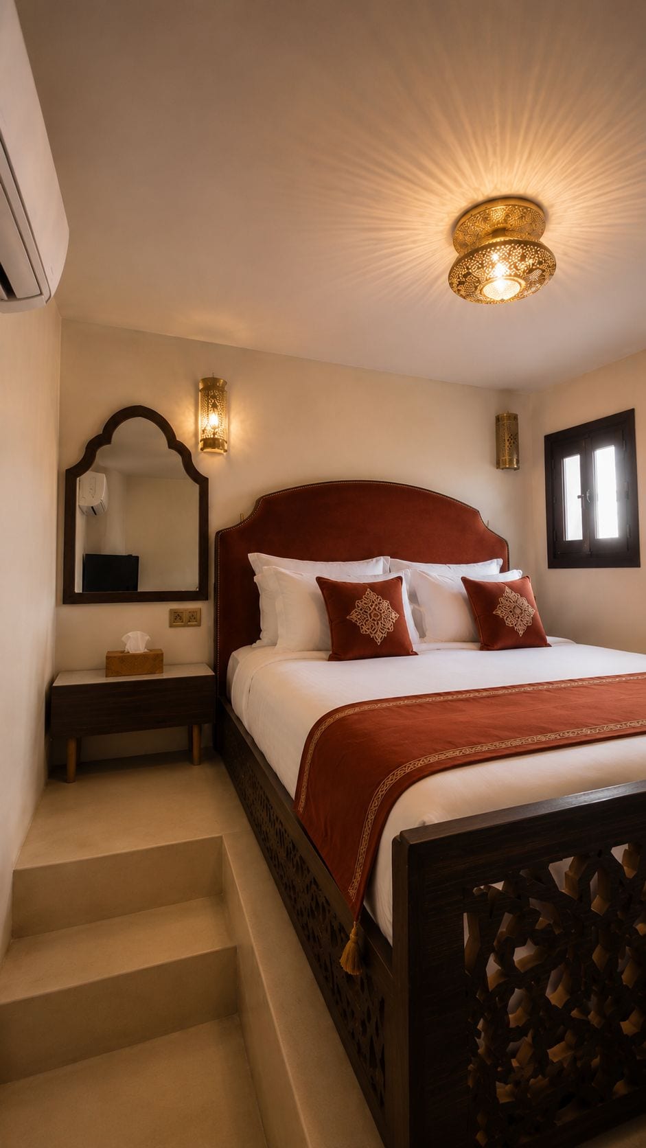 A hotel room with a bed, a nightstand, a mirror, a wall-mounted light fixture, and a window.