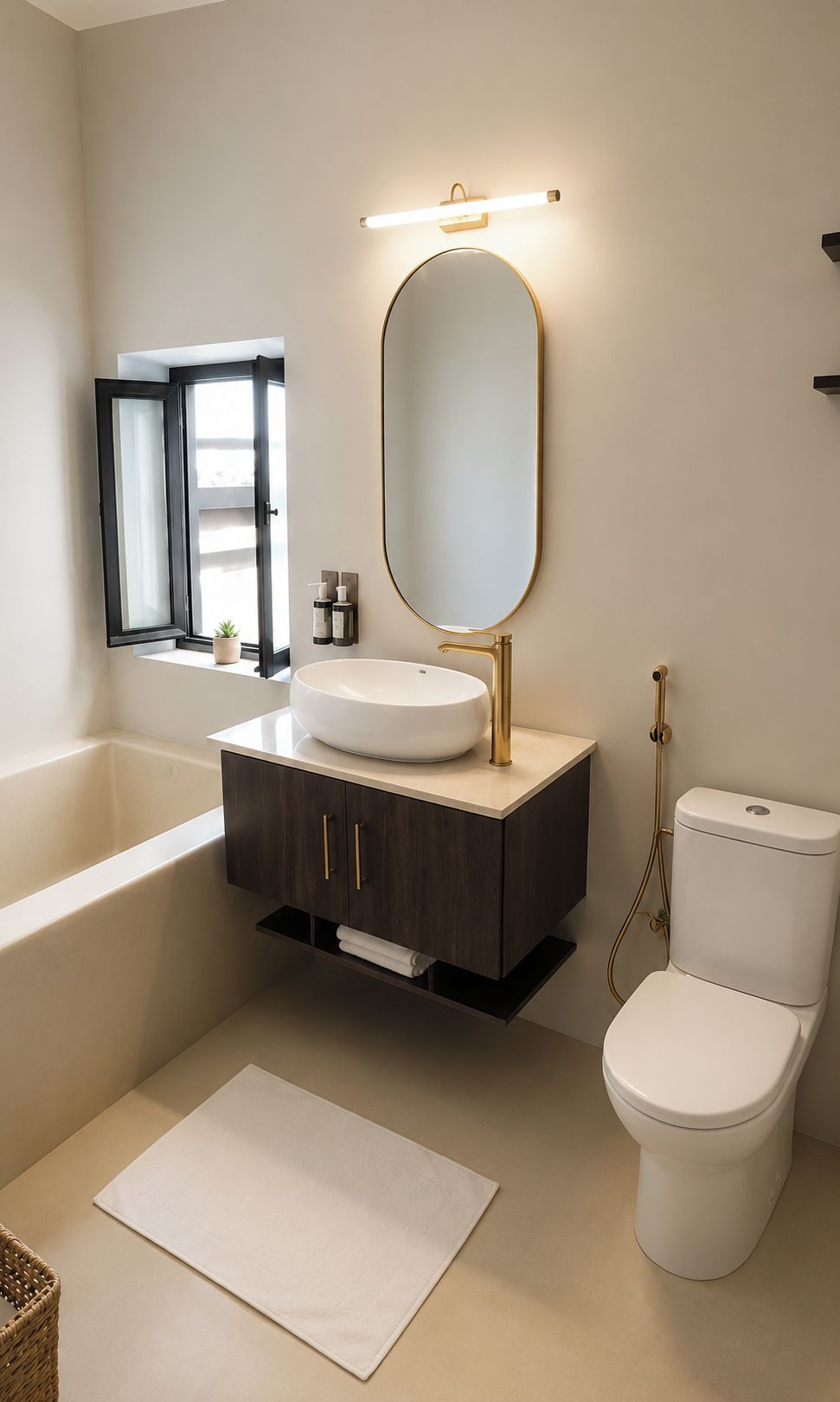 A modern bathroom with a freestanding bathtub, a round mirror, a toilet, and a small window.