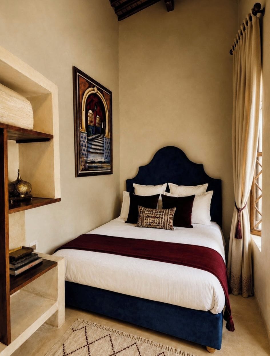 Una cama bien hecha con cabecera oscura, un cuadro en la pared y una ventana con cortinas.