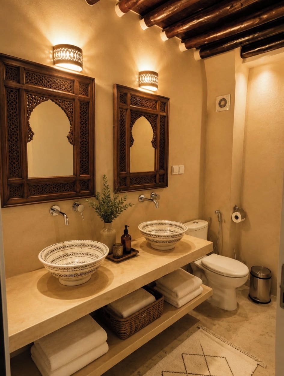 A bathroom with two sinks, a toilet, and a shower.