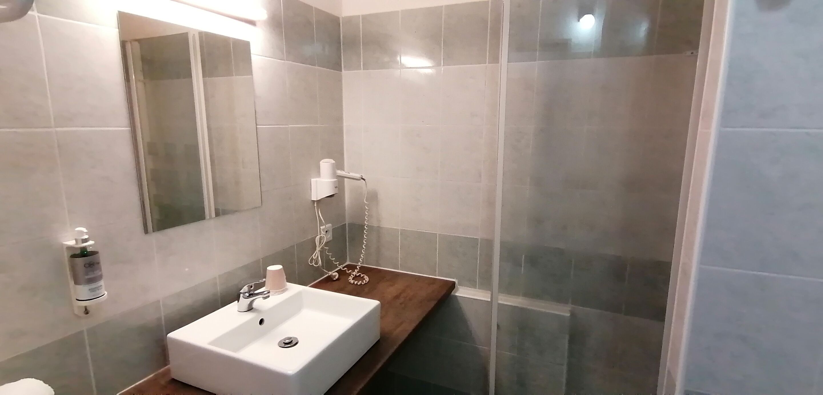 A bathroom with a white sink, a mirror, and a shower area with a glass door.