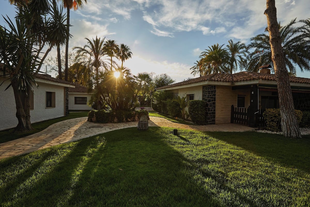 A residential property with a stone pathway leading to a house with a tiled roof, surrounded by lush greenery and palm trees.