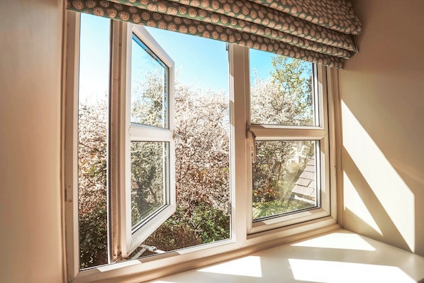Una ventana con un toldillo estampado y vistas a árboles y una estructura de madera al exterior.