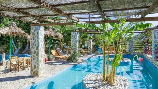 A pool area with lounge chairs, a palm tree, and a thatched roof structure. - Stone Village (Mylopotamos)