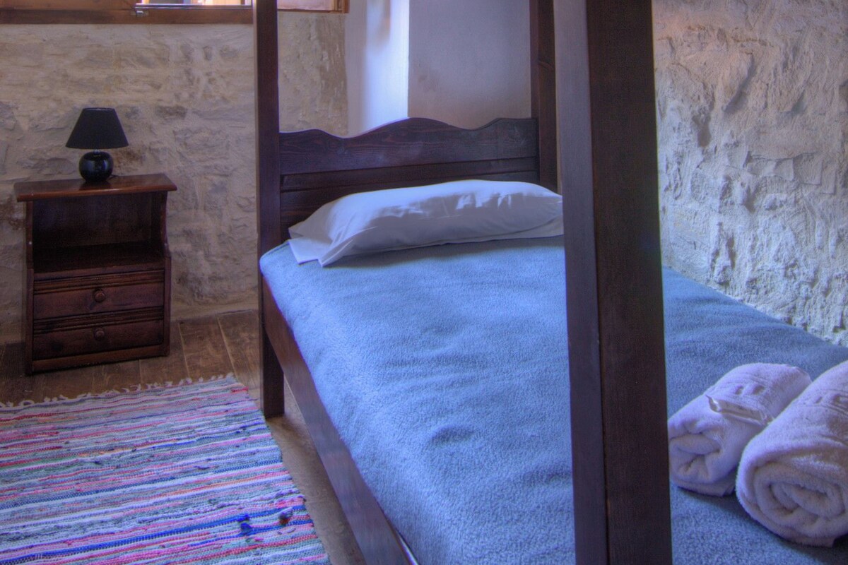 A rustic room with a bunk bed, a small wooden nightstand with a lamp, a colorful striped rug, and a window with a view of a mountain.