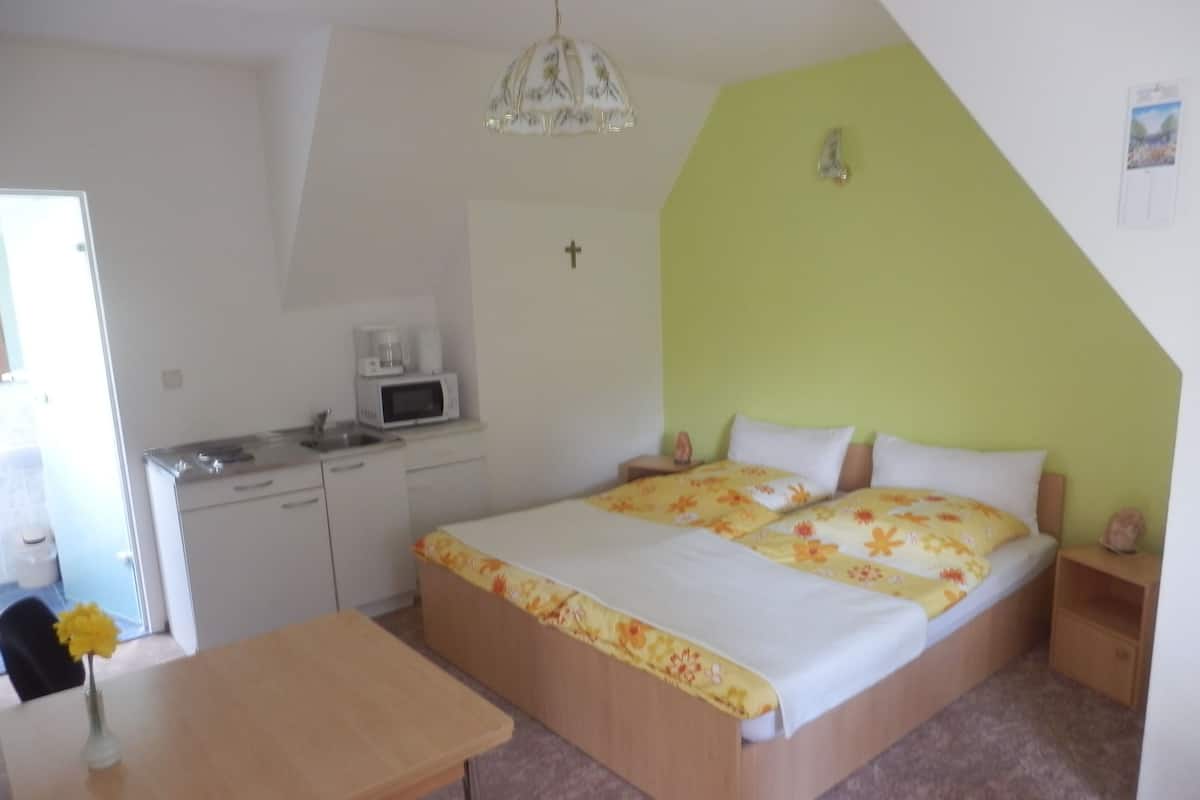 A bedroom with a bed, a desk, a microwave, and a sink.