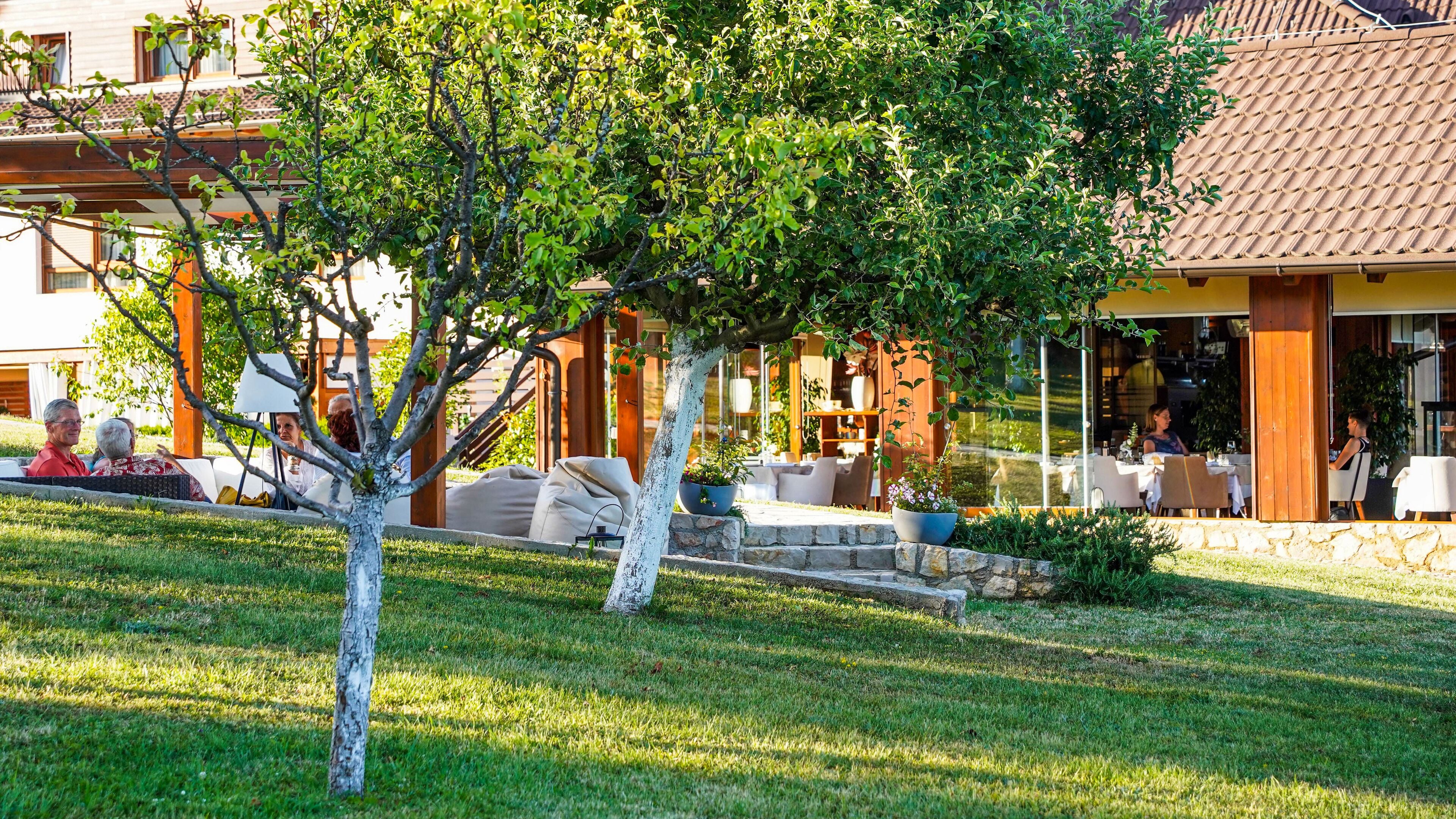 Un espacio al aire libre bien cuidado con mobiliario, un muro de piedra, un árbol y un edificio con tejado de baldosas al fondo.