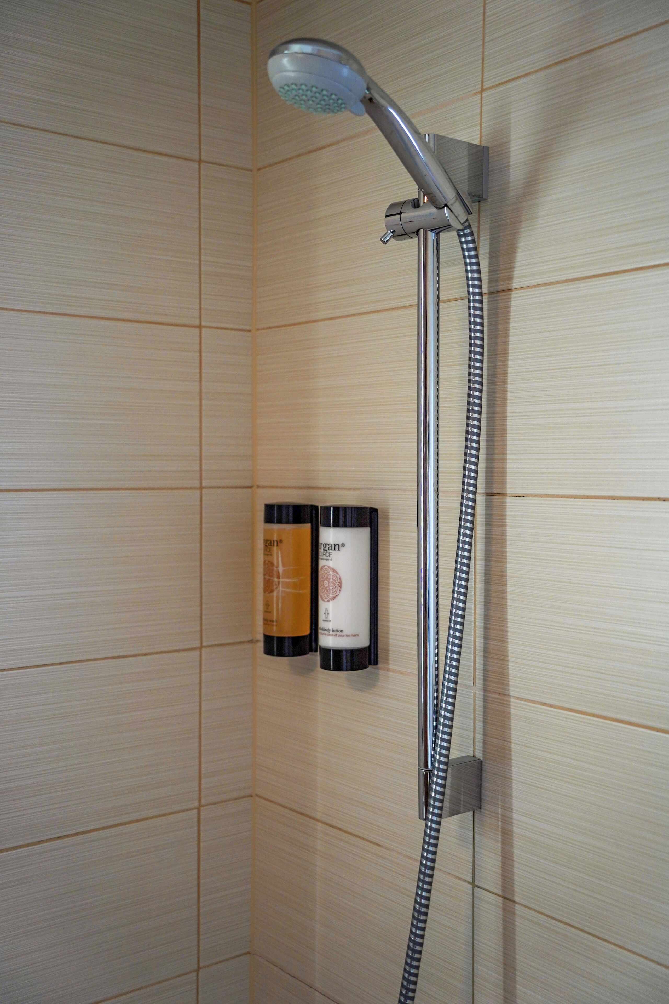 Ducha con cabezal de ducha de mano y panel de control empotrado.