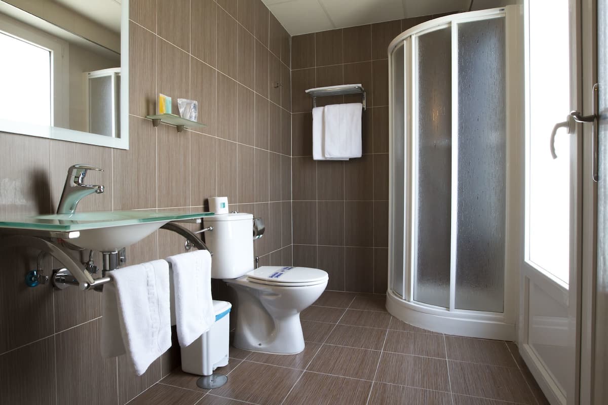 standard double room | bathroom | shower, rainfall showerhead, free toiletries, hair dryer