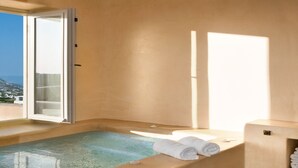 Un área de spa con un jacuzzi, una ventana con vistas y un sendero bordeado de piedra.