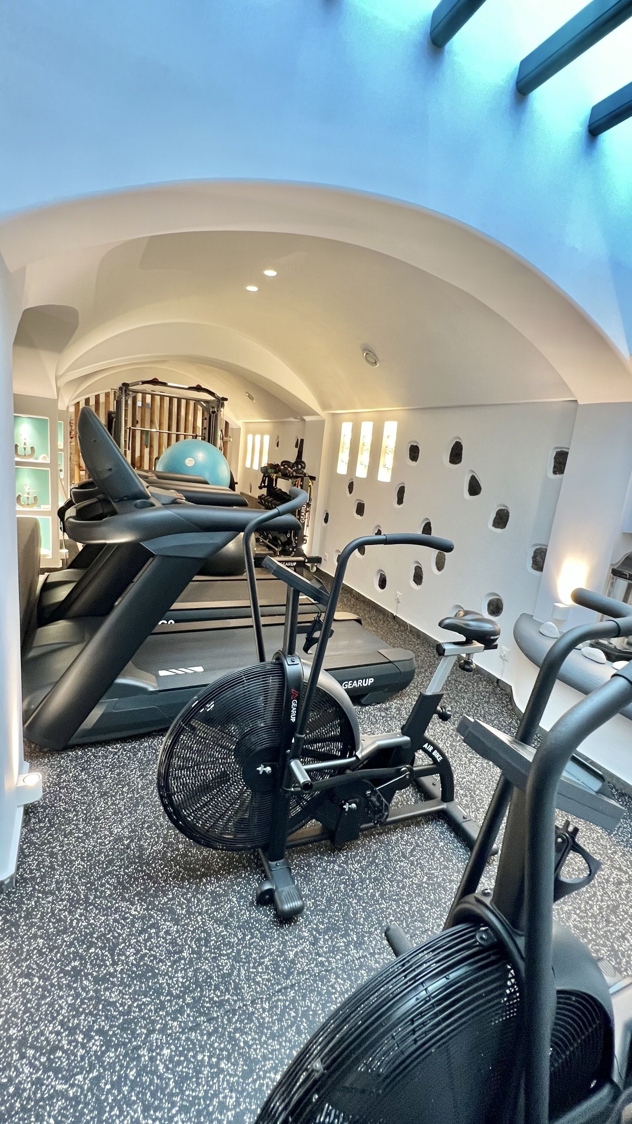 A gym with treadmills and exercise bikes, a mirrored wall, and a ceiling with a unique design.