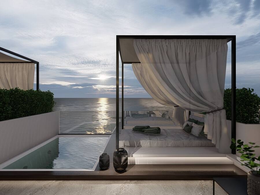 Habitación doble Deluxe, 1 cama King size, hidromasaje, vista al mar | Terraza o patio