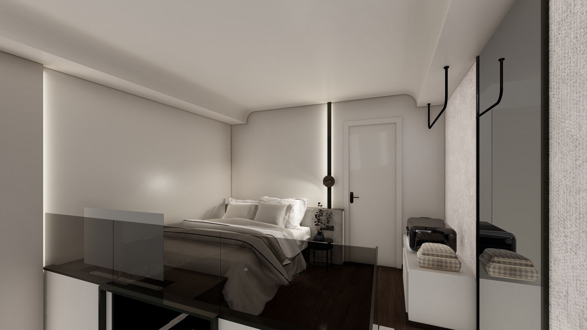 Een moderne slaapkamer met een bed, nachtkastje en een kledingkast.