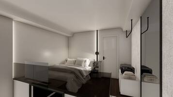 Een moderne slaapkamer met een bed, nachtkastje en een kledingkast.