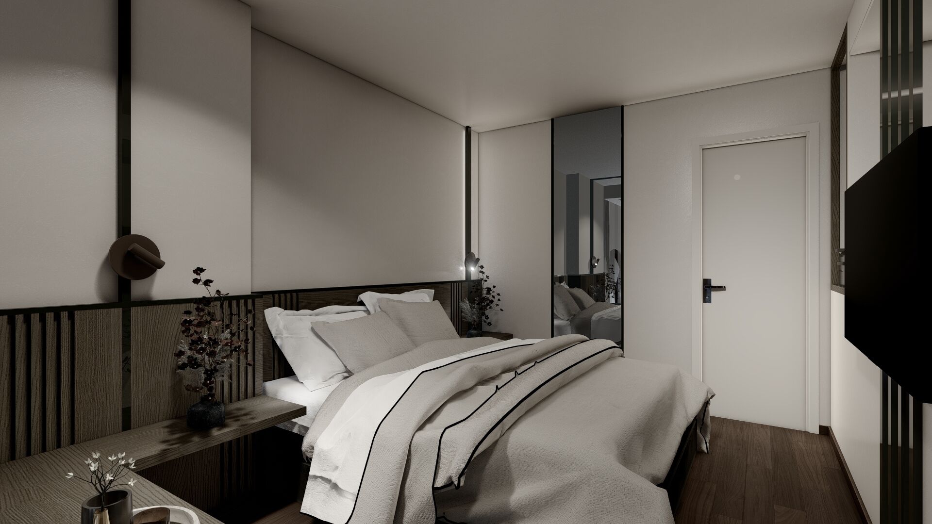 Una camera da letto moderna con un letto, un comodino e uno specchio.