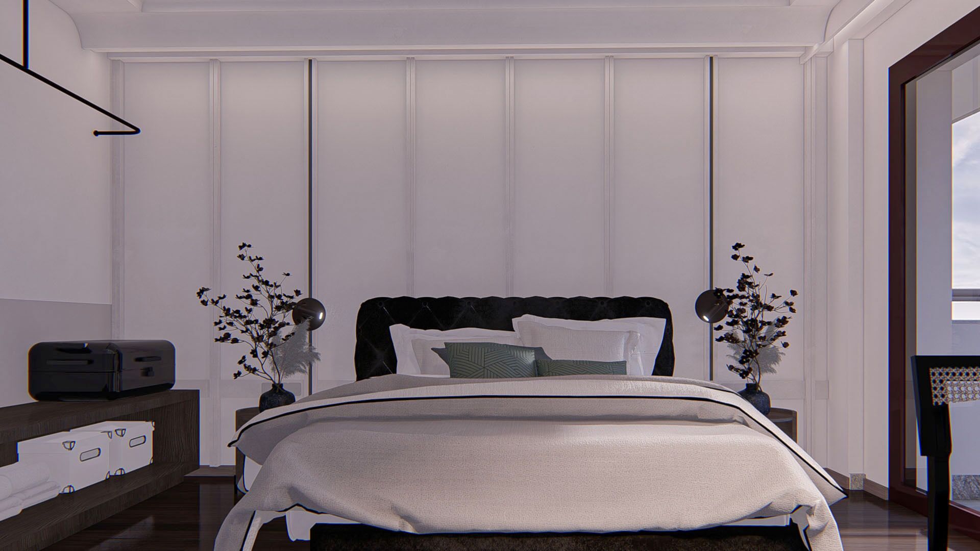 A modern bedroom with a large bed, bedside tables, and a view of the outdoors.