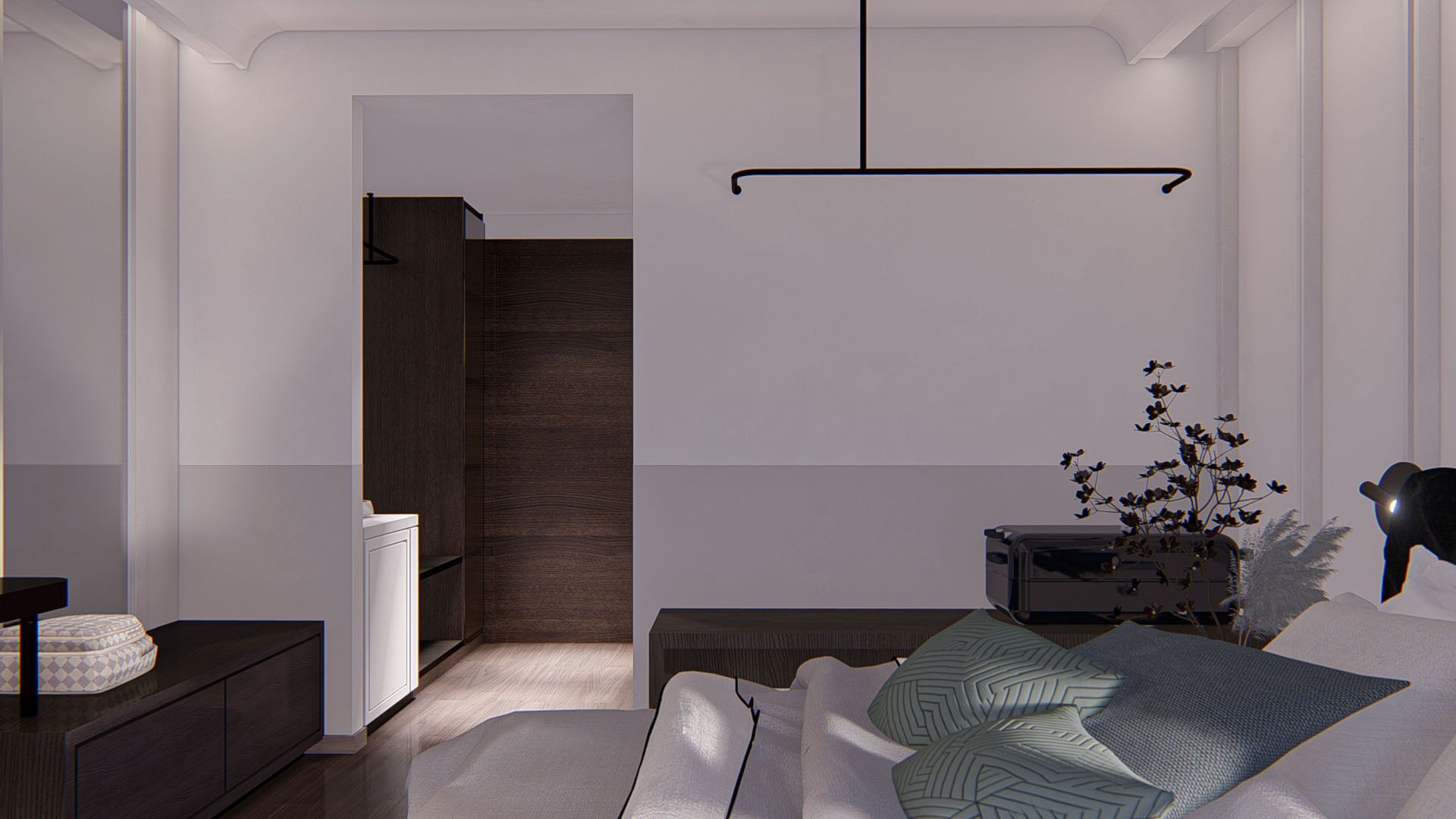 A modern bedroom with a bed, bedside table, and a nightstand. There is a dresser and a closet with a wooden door.