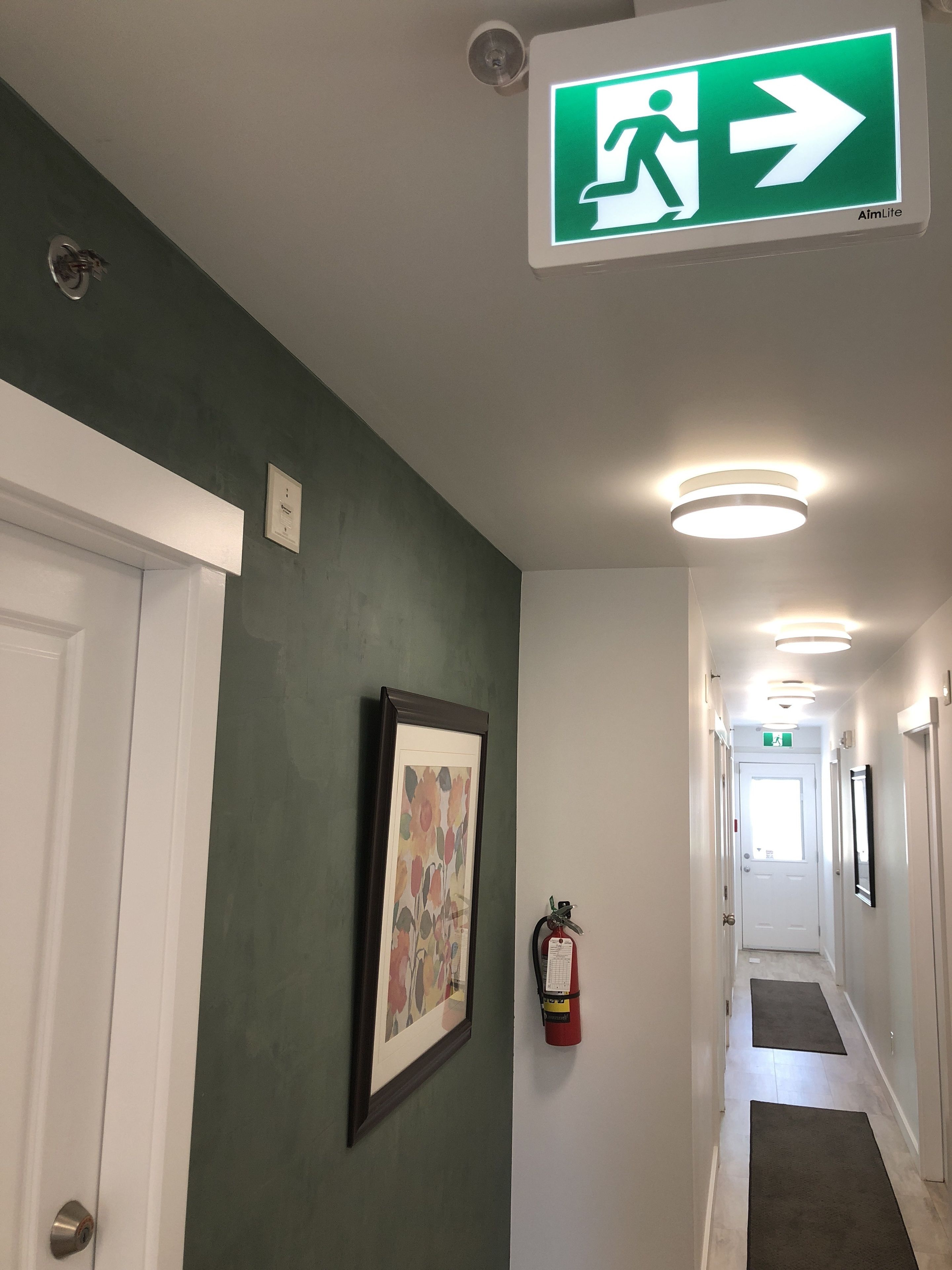 A hallway with a green wall, a framed picture, a fire extinguisher, and an exit sign.