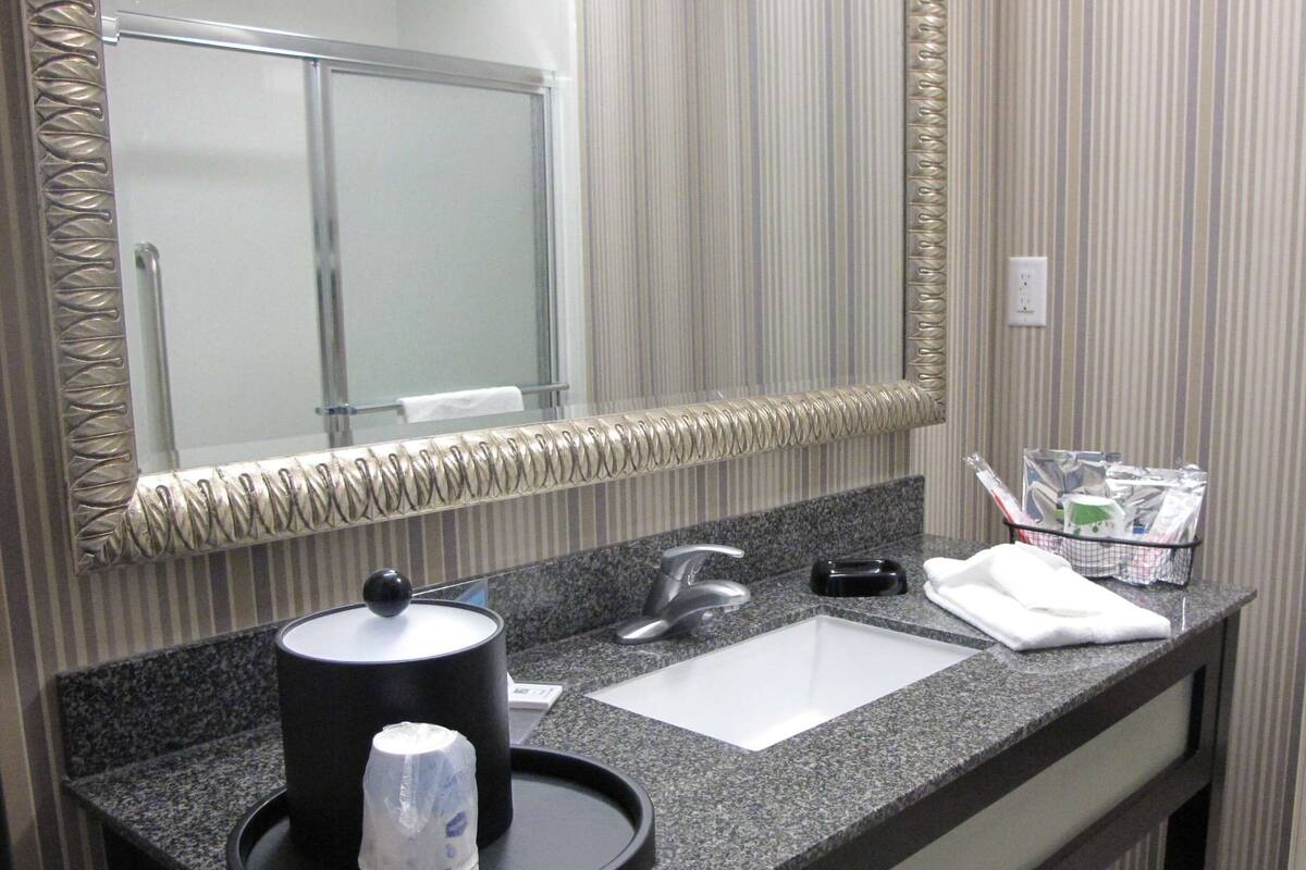 combined shower/bathtub, free toiletries, hair dryer, towels