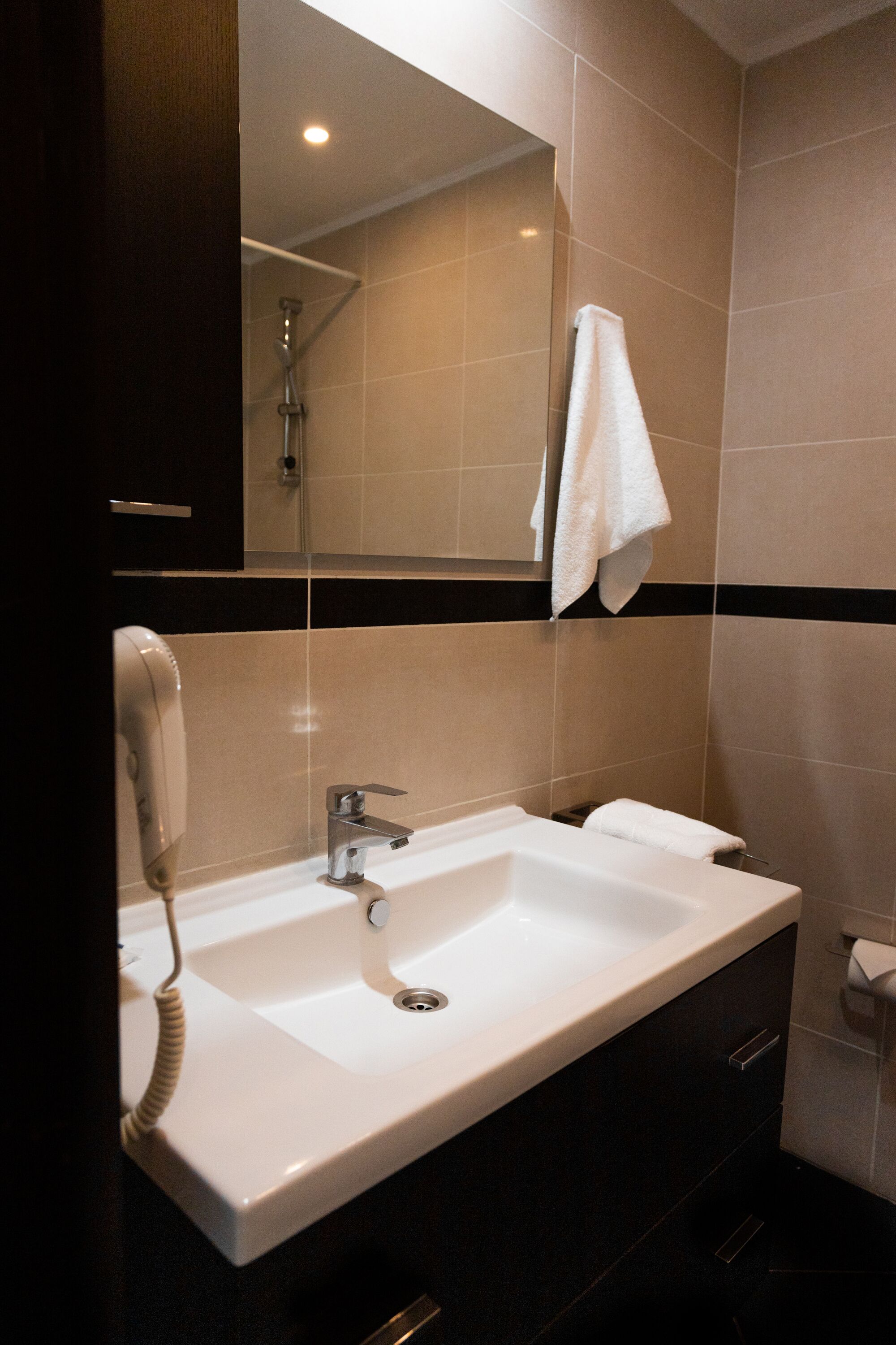 combined shower/bathtub, free toiletries, towels