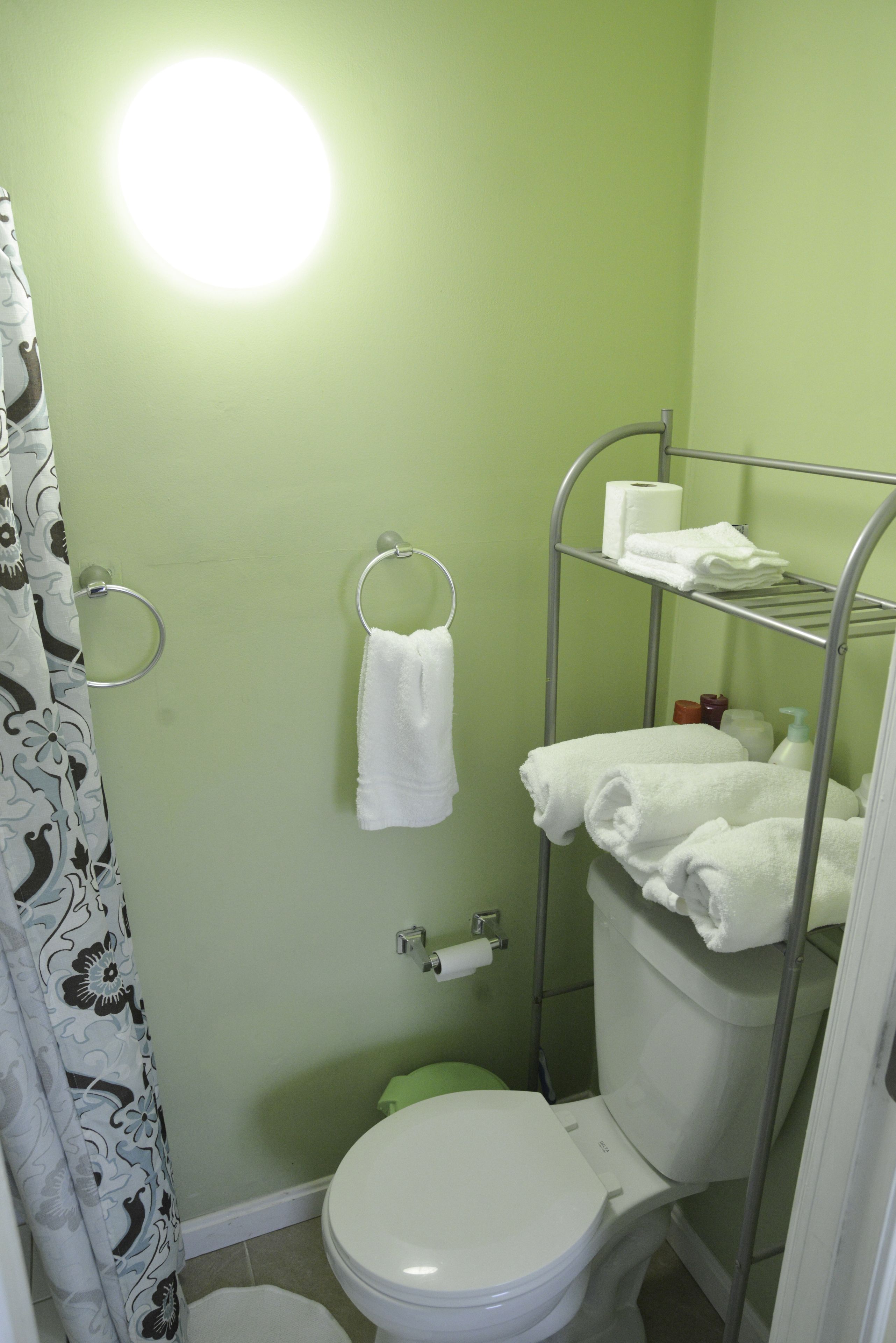 Ett litet badrum med en toalett, en duschdraperi, en handduksställning och en hylla med handdukar och hygienartiklar.