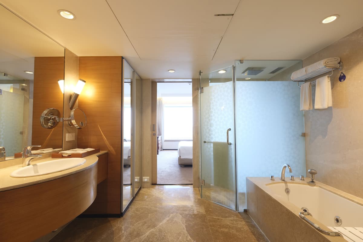 deluxe suite | bathroom | free toiletries, hair dryer, bathrobes, slippers