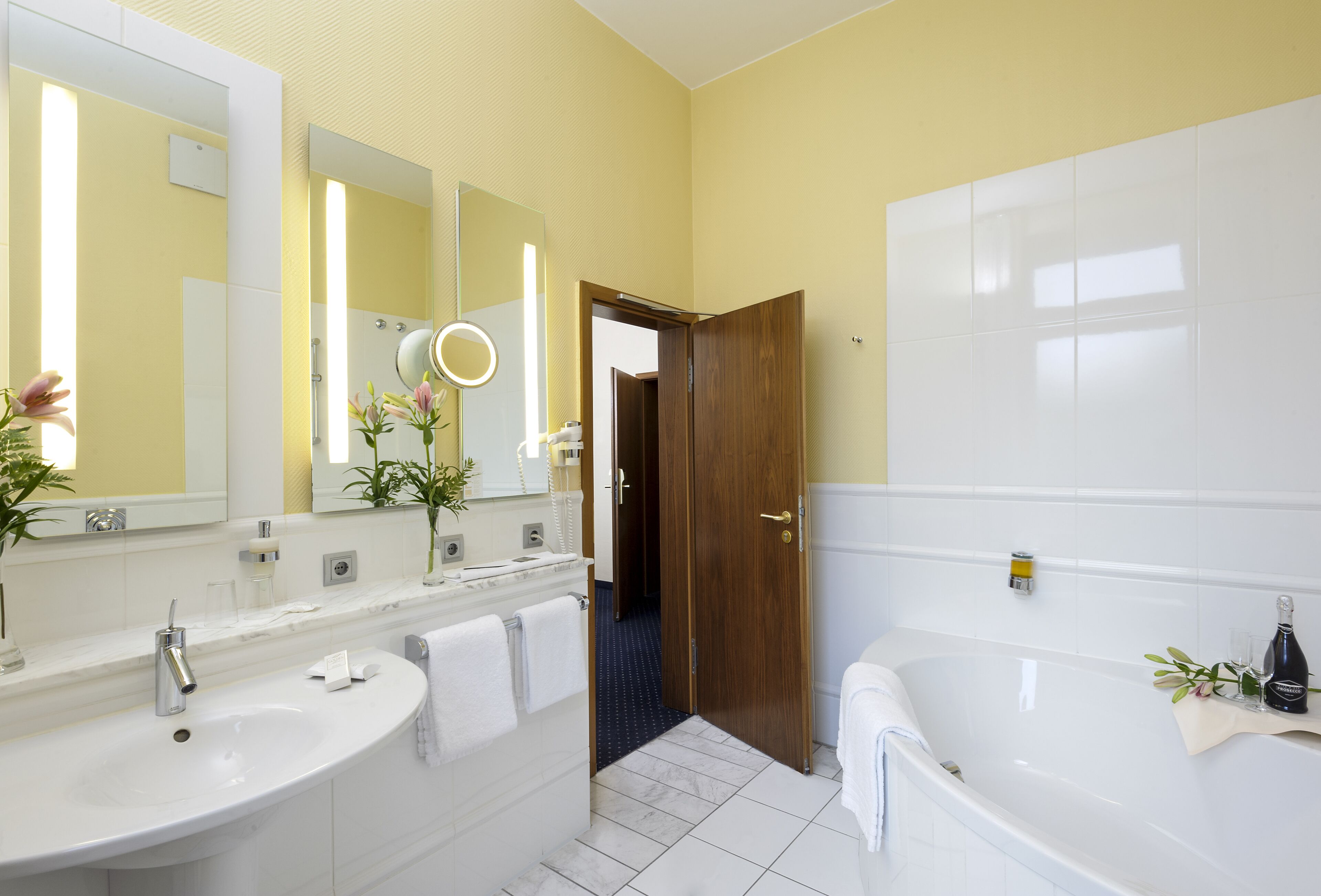 deep-soaking bathtub, free toiletries, hair dryer, towels