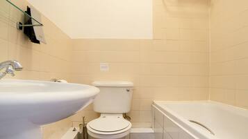 Shower, free toiletries, towels, toilet paper