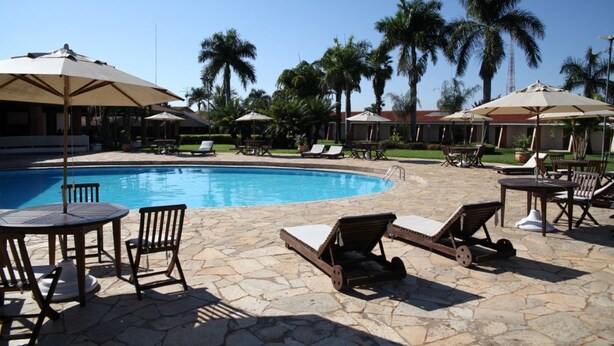 A pool area with lounge chairs, umbrellas, and palm trees. - Ipê Park Hotel (São José do Rio Preto)