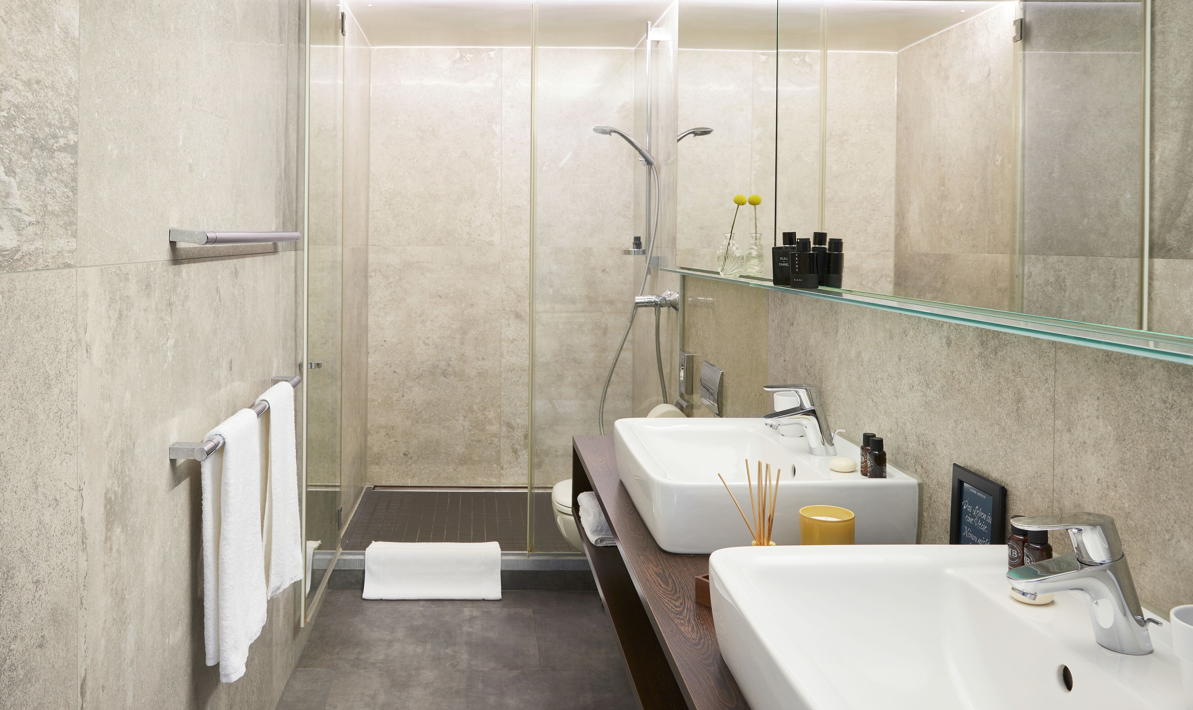 shower, rainfall showerhead, designer toiletries, hair dryer