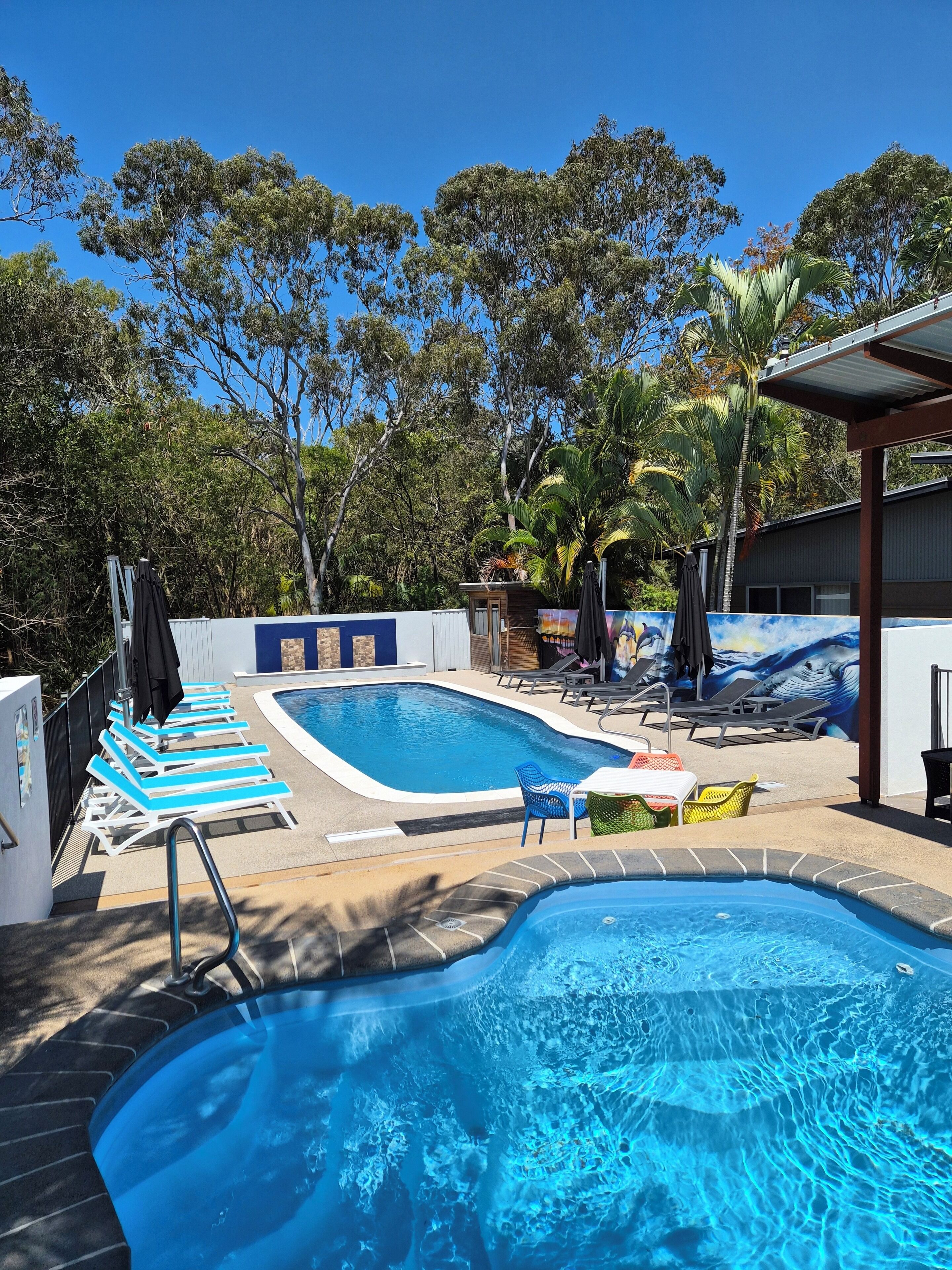 Outdoor pool, pool umbrellas, sun loungers
