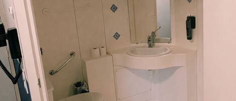 A bathroom with a toilet, sink, and mirror.