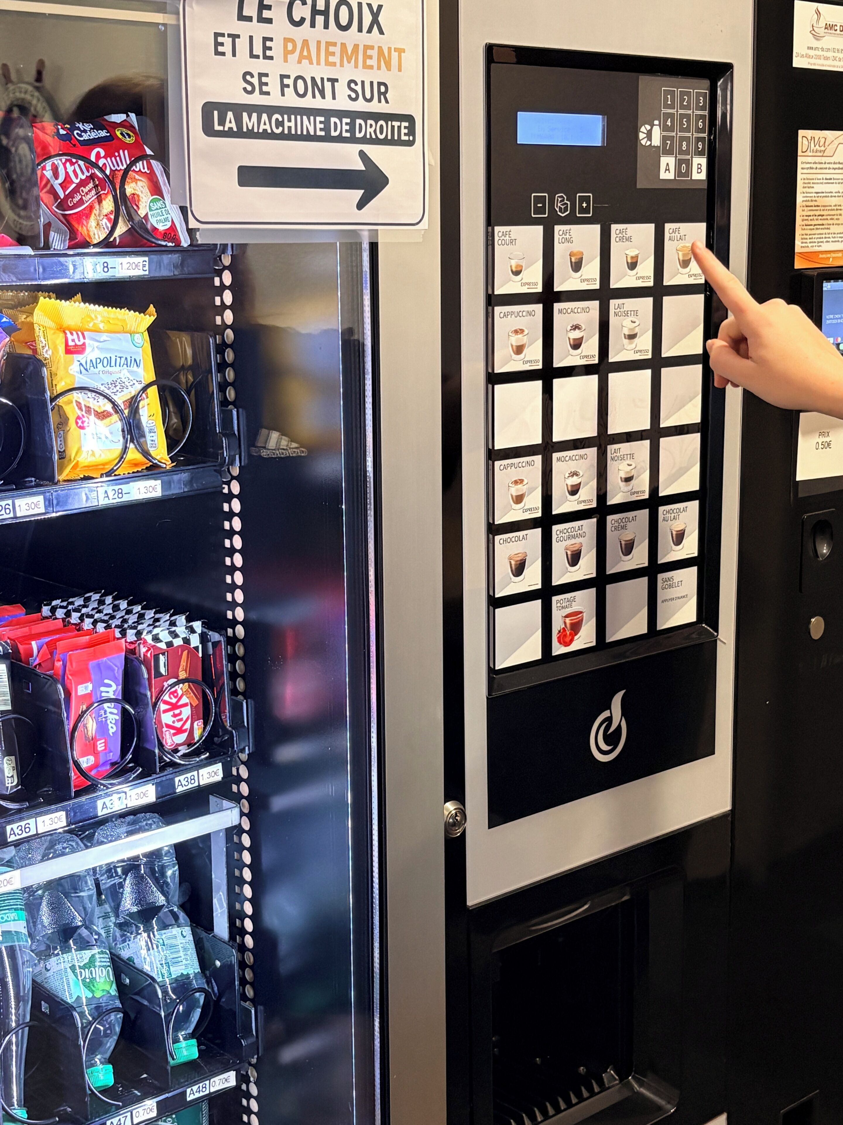 A self-service beverage vending machine with a selection of drinks and snacks.