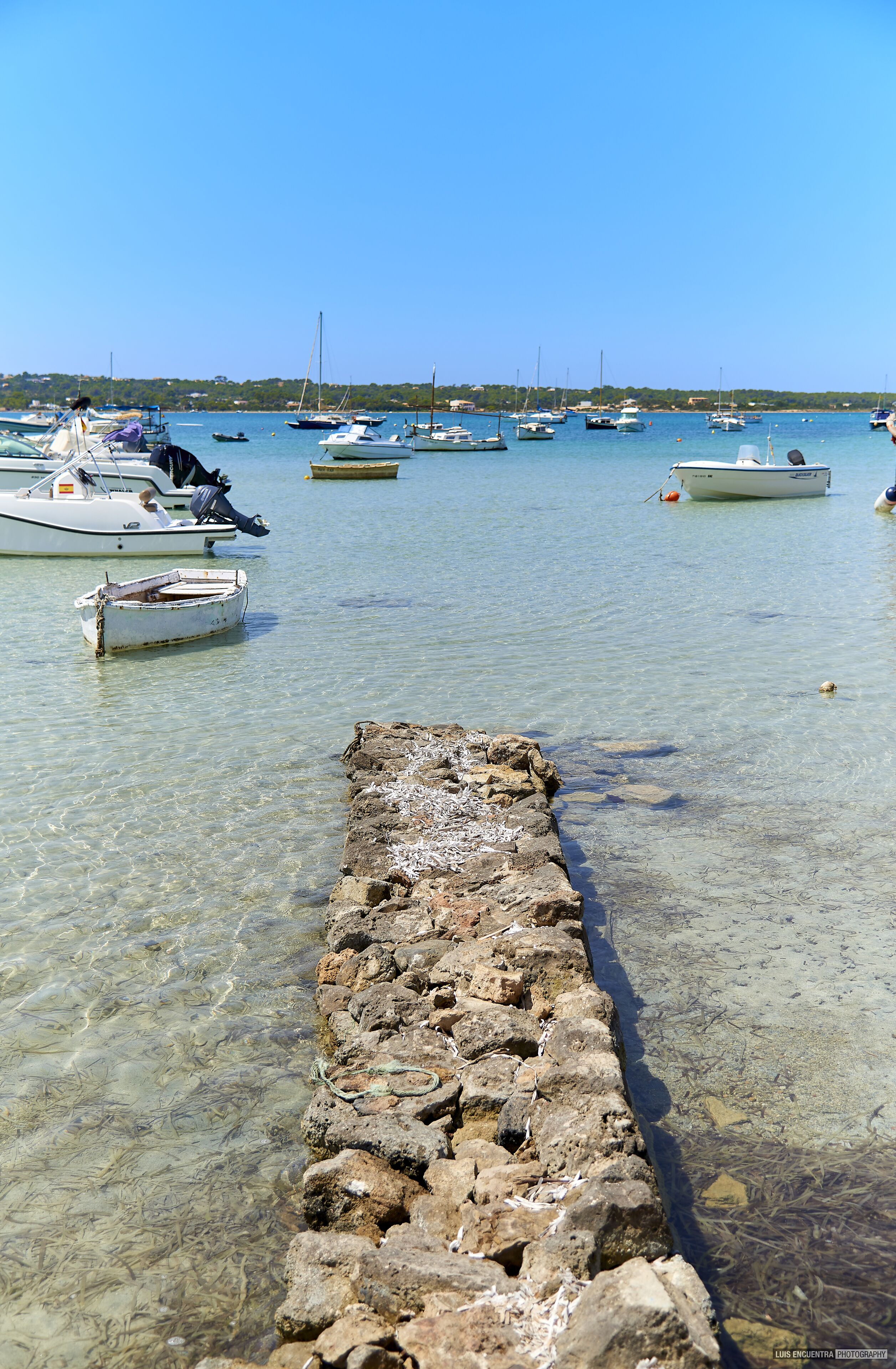 Un puerto deportivo con barcos amarrados, agua cristalina y un rompeolas rocoso.