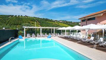 Außenpool (je nach Saison geöffnet), Sonnenschirme, Liegestühle