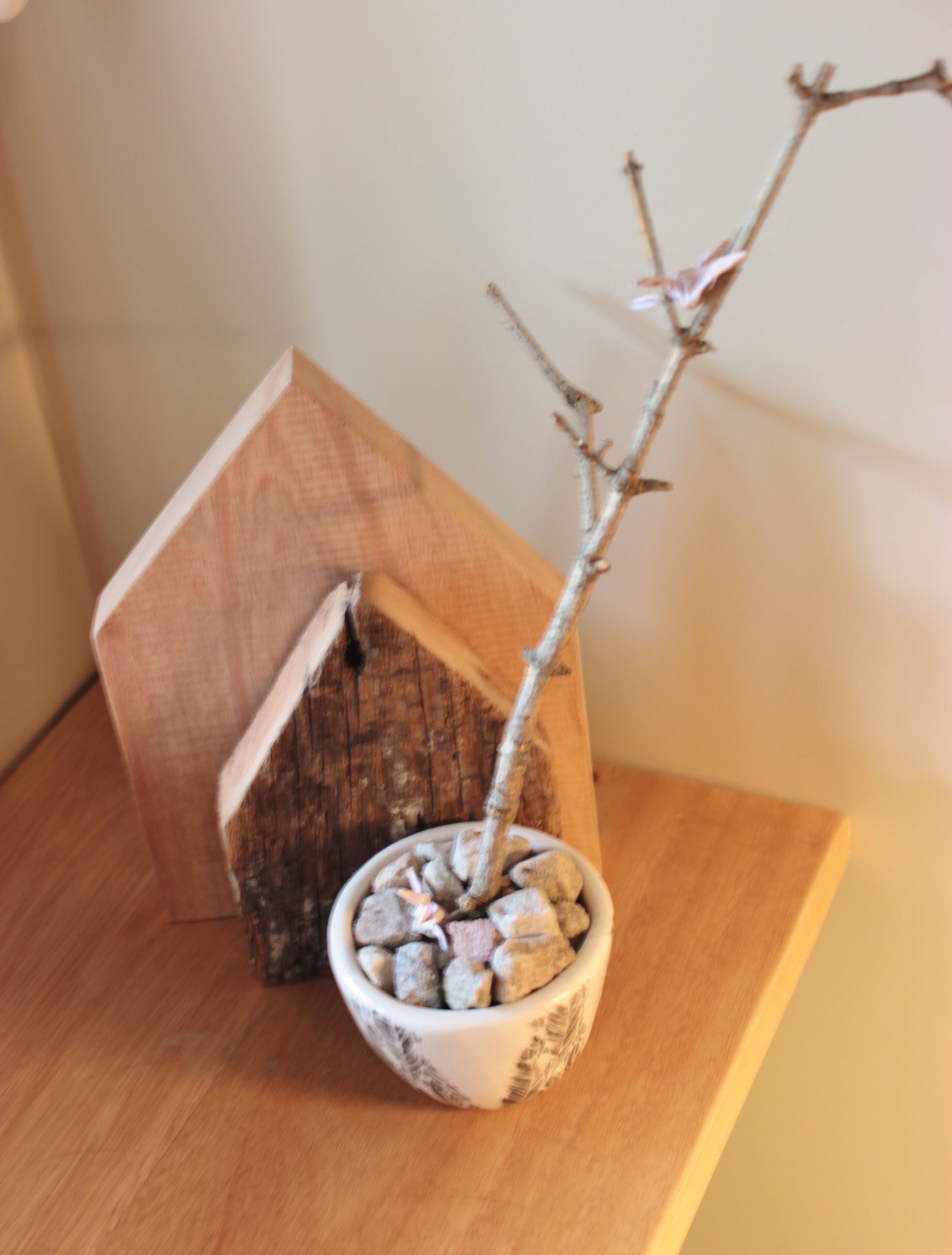 Et bonsai træ i en hvid potte med et stativ formet som et hus.