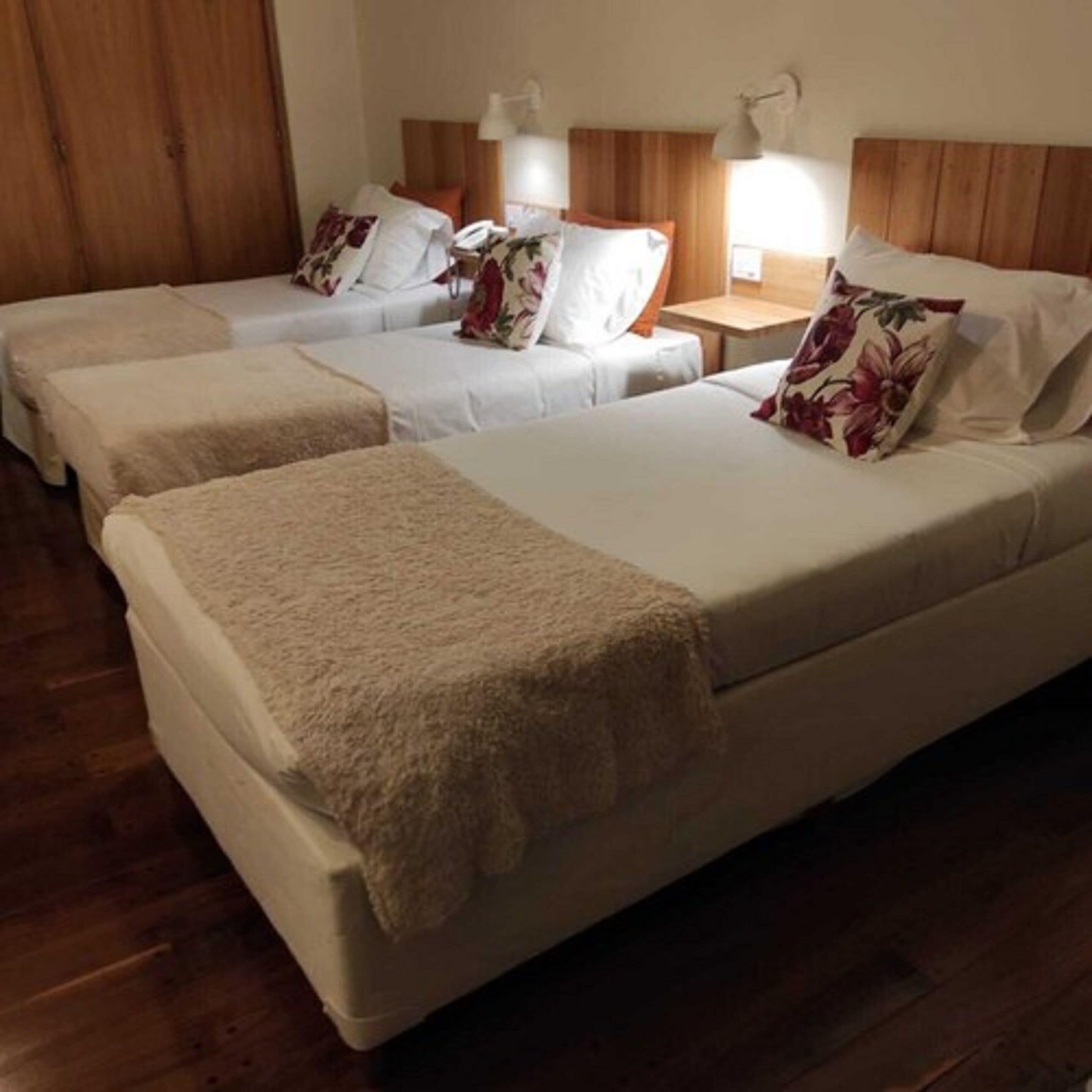 Habitación de hotel con dos camas individuales, cada una con cabecera de madera, una mesita de noche con lámpara y almohada estampada con motivos florales.