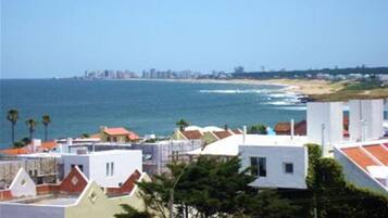 A coastal residential area with houses, a beach, and a distant city skyline.