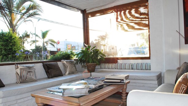 A living room with a sofa, a coffee table with books, a potted plant, and a view of the outside. - Hostal de la Barra (Punta del Este)