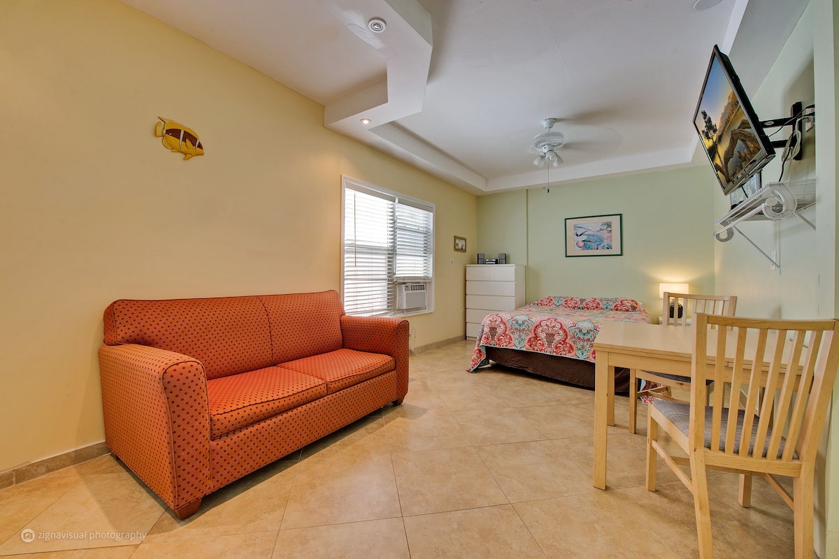 #8 = Sandbar Suite = 1 bedroom w/ queen sized bed and sofa pullout couch into a full sized bed | Living area | TV