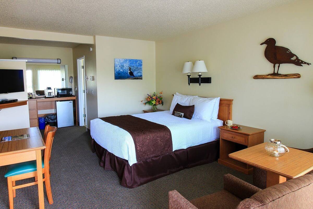 A hotel room with a bed, a desk, a chair, a small table, a lamp, a vase, and a wall-mounted bird sculpture.